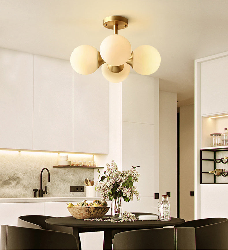 4-Lights White Globe Glass Ceiling Light 16.5" Wide Nordic Style Minimalism Brass Semi Flush Mount Lamp