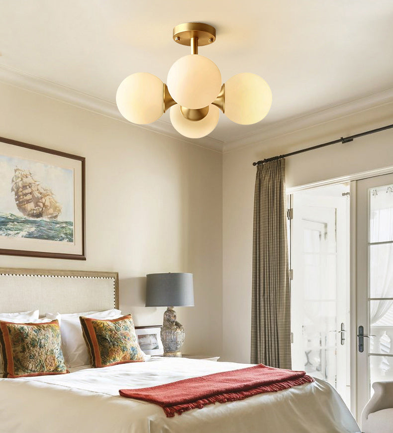 4-Lights White Globe Glass Ceiling Light 16.5" Wide Nordic Style Minimalism Brass Semi Flush Mount Lamp