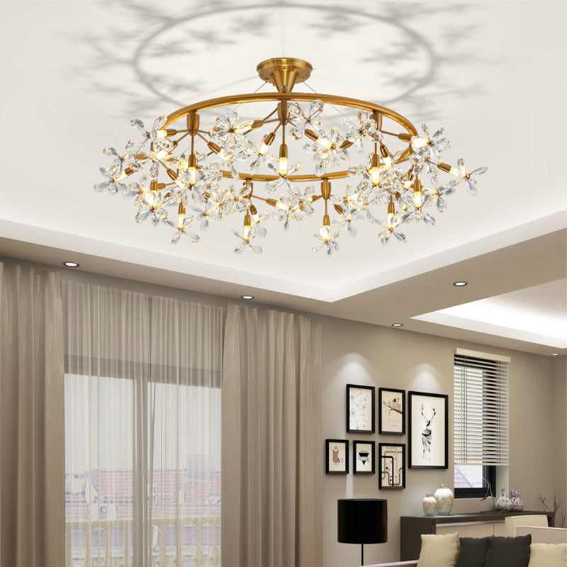 Floral Chandelier Lighting Modernism Cut Crystal 20/30 Bulbs 23.5"/31.5" Wide Brass Ceiling Pendant Light