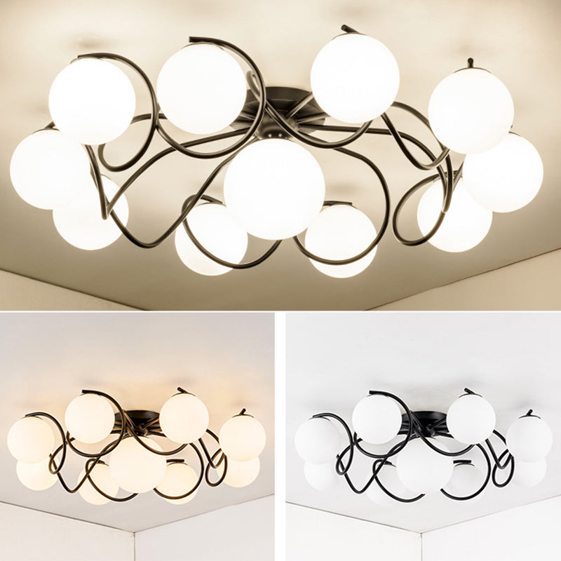 Weißer Glasball -Cluster Deckenleichter zeitgenössischer Einfachheitstil Semi Flush Mount Lampe mit Eisen kreativer Lampe Pfosten
