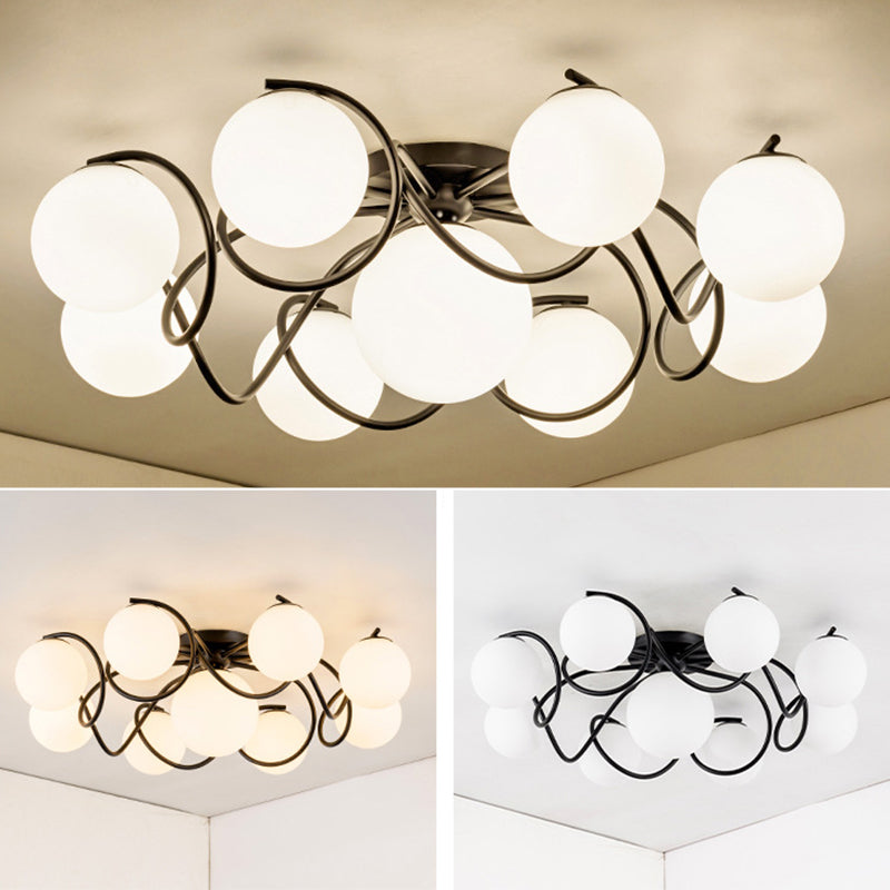 Weißer Glasball -Cluster Deckenleichter zeitgenössischer Einfachheitstil Semi Flush Mount Lampe mit Eisen kreativer Lampe Pfosten