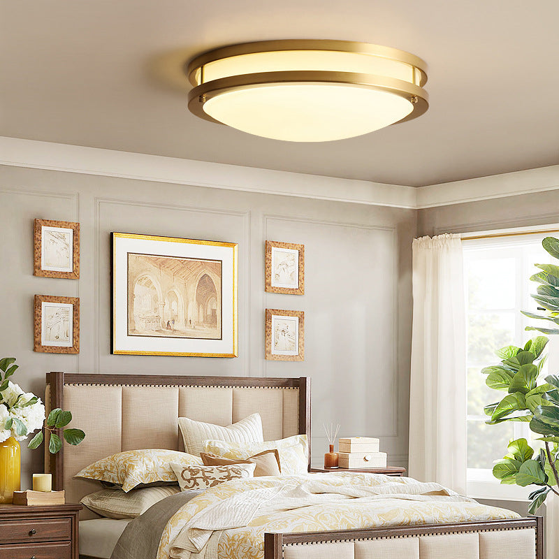 All Copper Round Simplicity LED Ceiling Light White Frosted Glass Shade Traditional Style Lighting Fixture in Gold