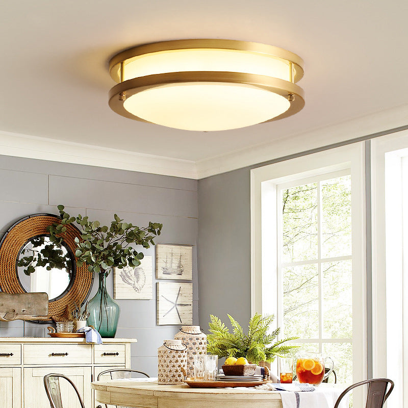 All Copper Round Simplicity LED Ceiling Light White Frosted Glass Shade Traditional Style Lighting Fixture in Gold