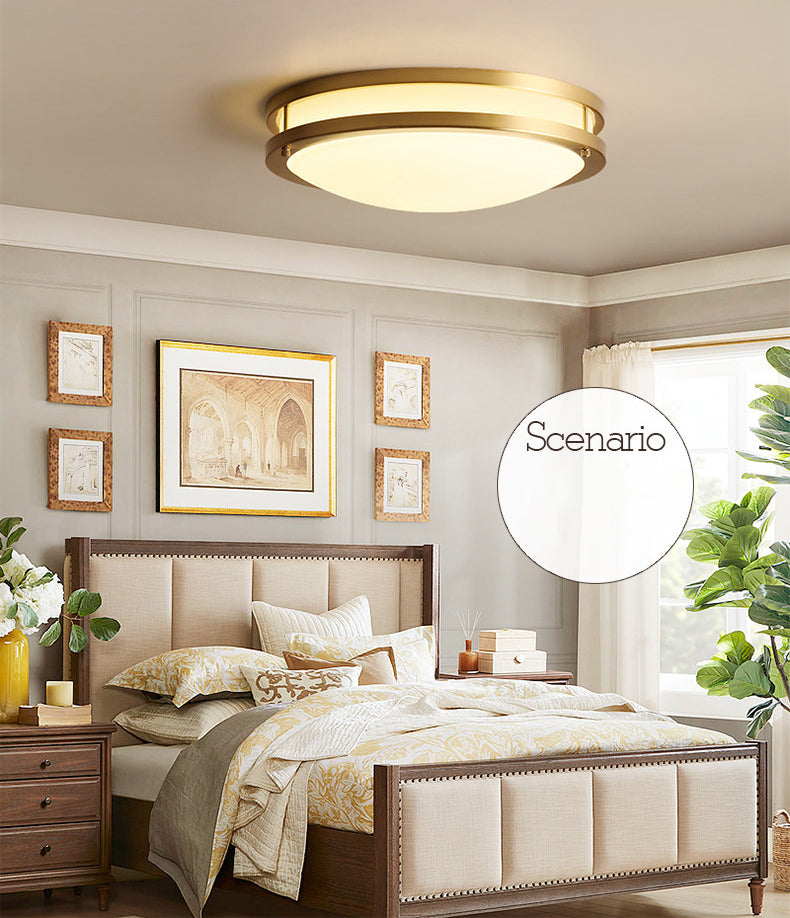 All Copper Round Simplicity LED Ceiling Light White Frosted Glass Shade Traditional Style Lighting Fixture in Gold