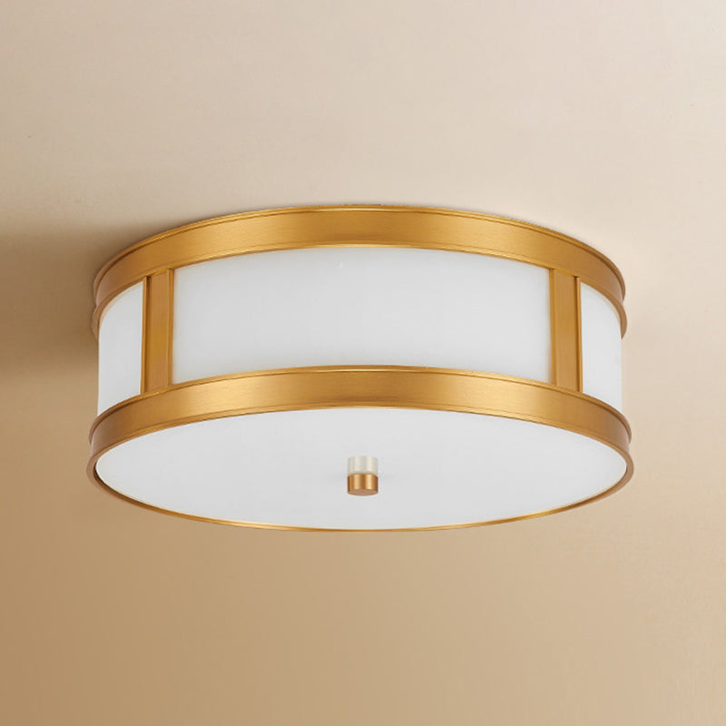 Drum Shaped Brass Ceiling Light Frosted Glass American Rustic Style Lighting Fixture in Gold