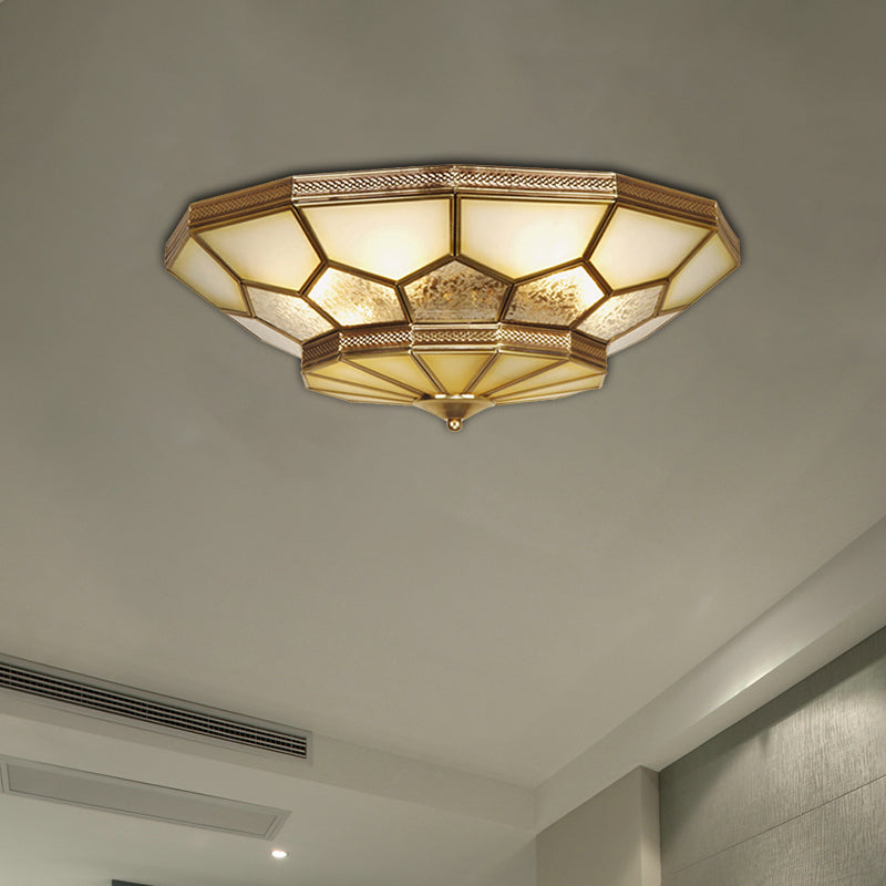 3/4/6 Lights Living Room Ceiling Light Fixture Traditional Brass Flush Mount with Faceted Frosted Glass Shade, 14"/18"/21.5" W