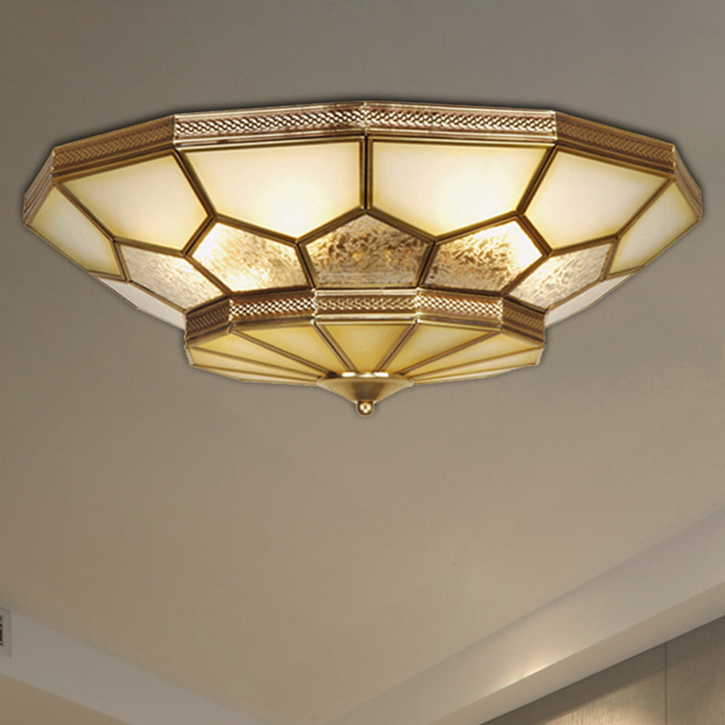 3/4/6 Lights Living Room Ceiling Light Fixture Traditional Brass Flush Mount with Faceted Frosted Glass Shade, 14"/18"/21.5" W