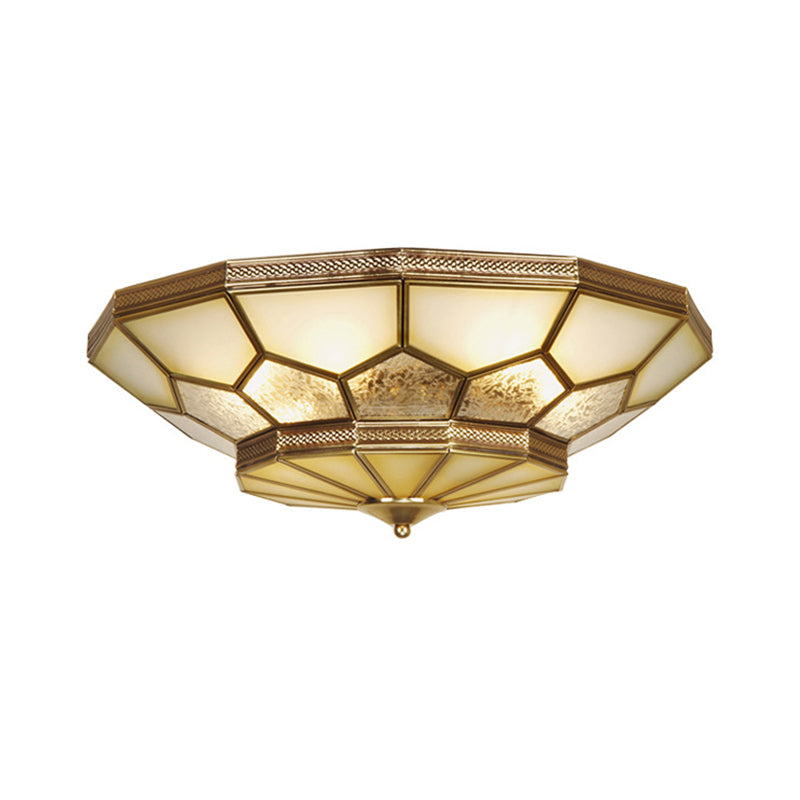 3/4/6 Lights Living Room Ceiling Light Fixture Traditional Brass Flush Mount with Faceted Frosted Glass Shade, 14"/18"/21.5" W