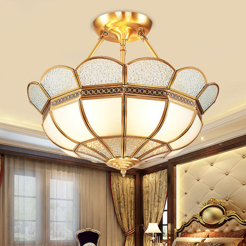 Traditional Scalloped Semi-Flush Light Fixture 4/6 Bulbs Metal Ceiling Mount in Brass for Bedroom, 18"/23.5" W