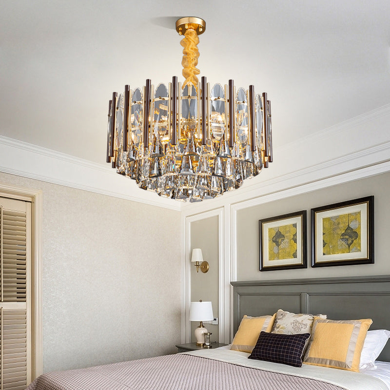 Cylinder Pendant Chandelier Contemporary Crystal 6/9 Heads Black Ceiling Hanging Light, 19.5"/23.5" Wide