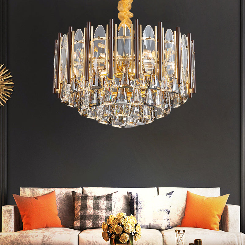 Cylinder Pendant Chandelier Contemporary Crystal 6/9 Heads Black Ceiling Hanging Light, 19.5"/23.5" Wide