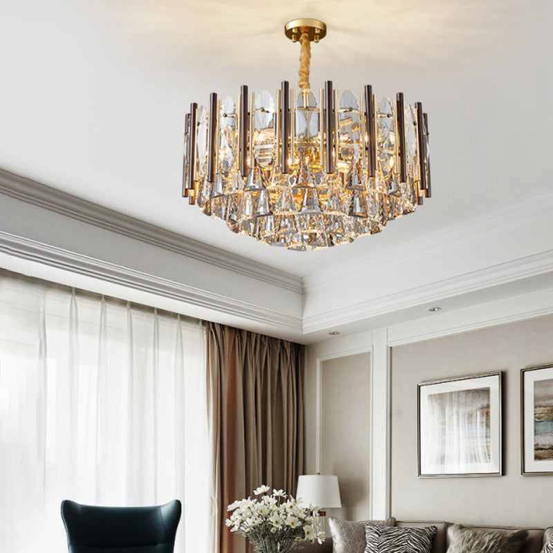 Cylinder Pendant Chandelier Contemporary Crystal 6/9 Heads Black Ceiling Hanging Light, 19.5"/23.5" Wide