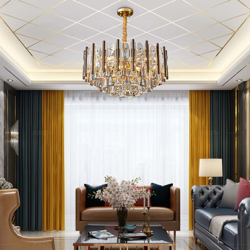 Cylinder Pendant Chandelier Contemporary Crystal 6/9 Heads Black Ceiling Hanging Light, 19.5"/23.5" Wide