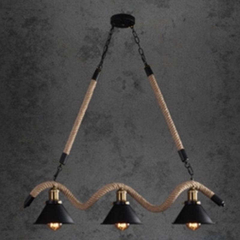 Rope Black Island Pendant Light Cone Antique Island Chandelier Light for Restaurant