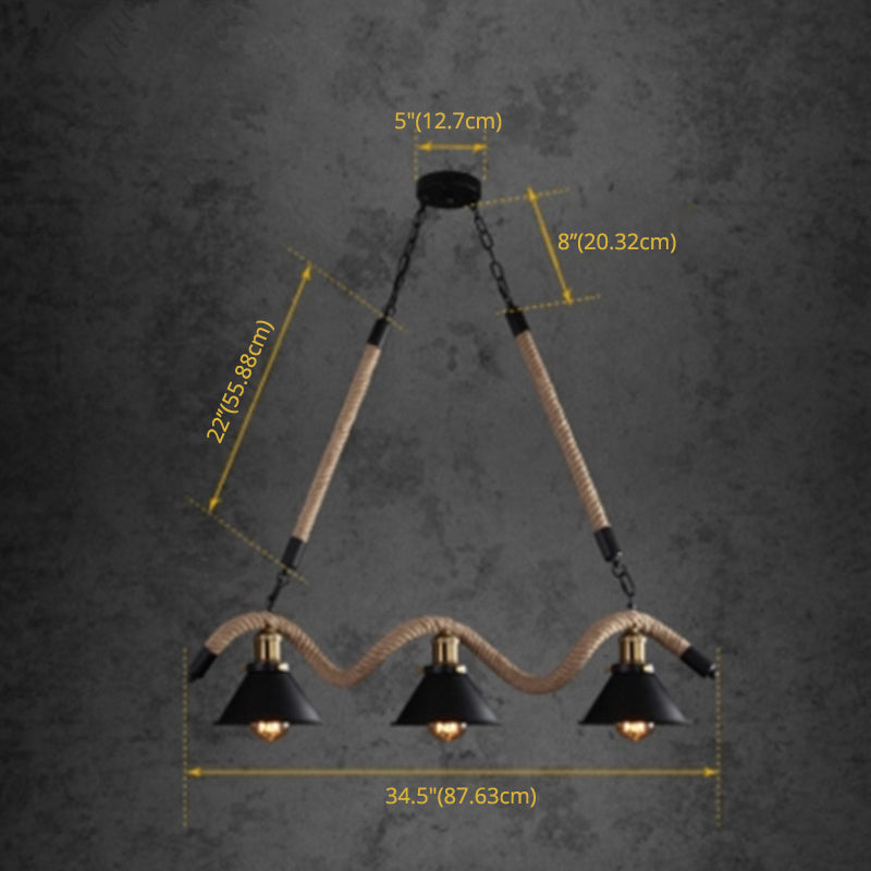 Rope Black Island Pendant Light Cone Antique Island Chandelier Light for Restaurant