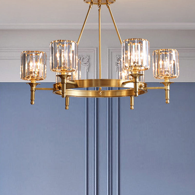 Faceted Crystal Cylinder Chandelier Lighting Modernist 3/5/6 Bulbs Ceiling Pendant Light in Brass