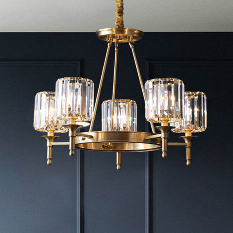 Faceted Crystal Cylinder Chandelier Lighting Modernist 3/5/6 Bulbs Ceiling Pendant Light in Brass