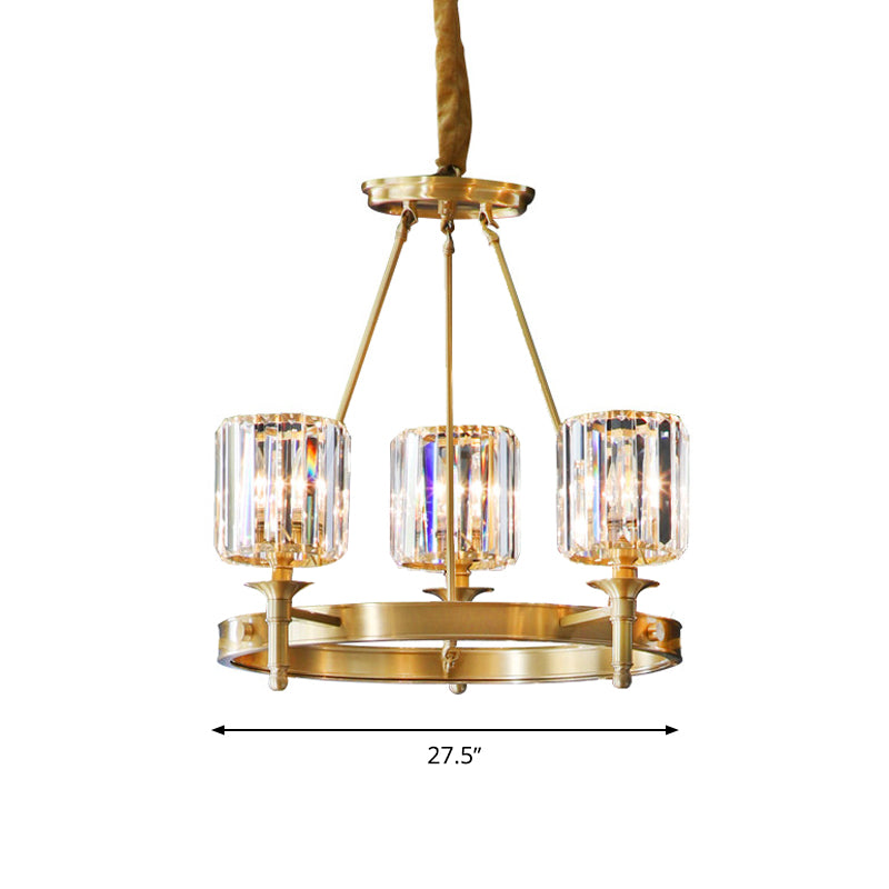 Faceted Crystal Cylinder Chandelier Lighting Modernist 3/5/6 Bulbs Ceiling Pendant Light in Brass