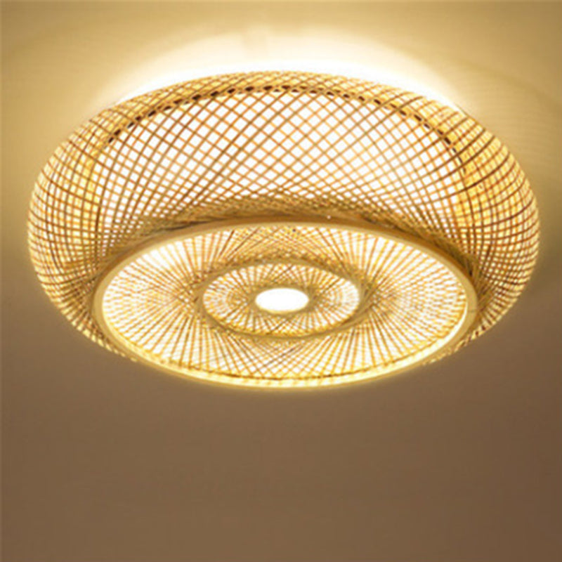 Lámpara de techo de montaje empotrado con forma de tambor redondo chino, iluminación de montaje empotrado de bambú Beige para dormitorio