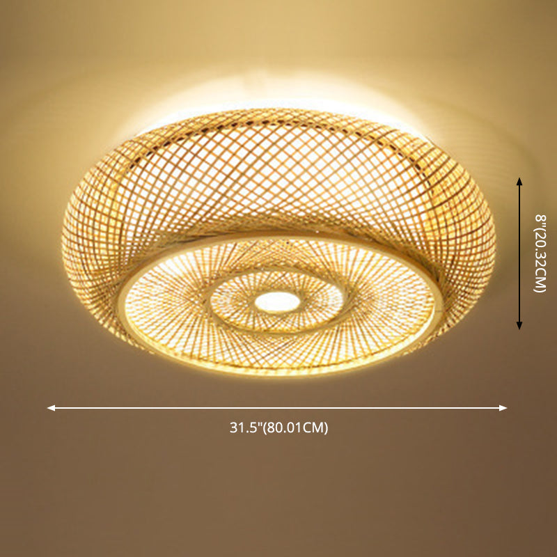 Lámpara de techo de montaje empotrado con forma de tambor redondo chino, iluminación de montaje empotrado de bambú Beige para dormitorio