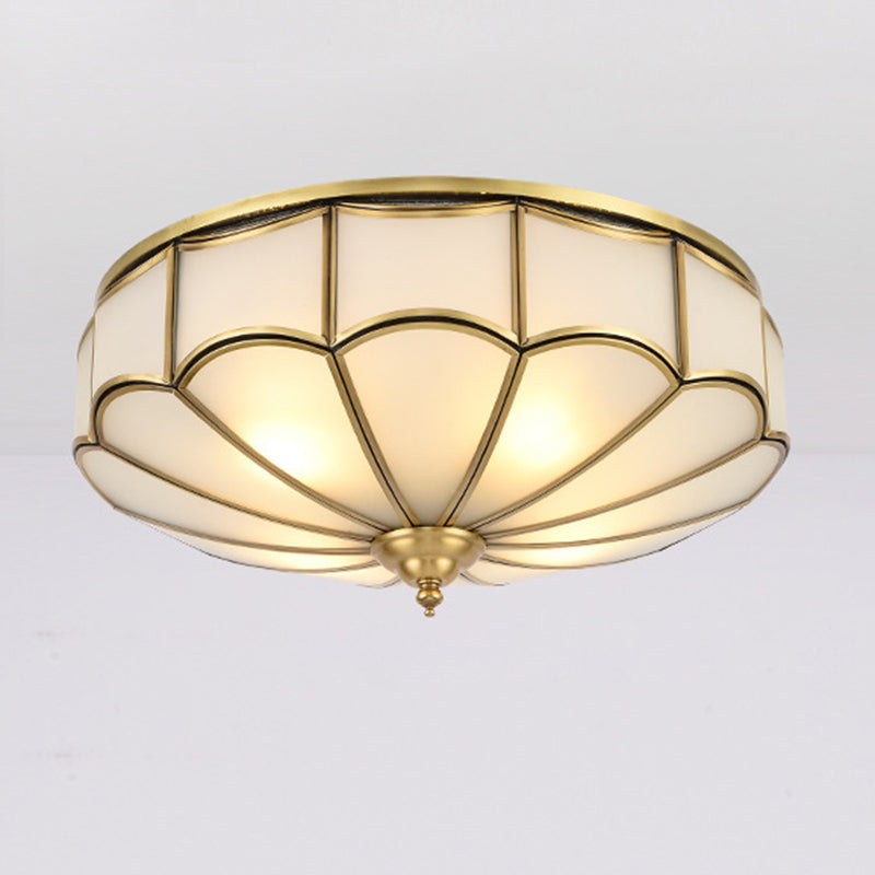 Flush Mount Ceiling Fixture Traditional Bedroom Flush Ceiling Light Fixture with Flower Glass Shade in Brass