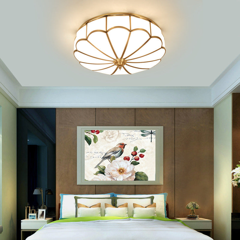 Flush Mount Ceiling Fixture Traditional Bedroom Flush Ceiling Light Fixture with Flower Glass Shade in Brass