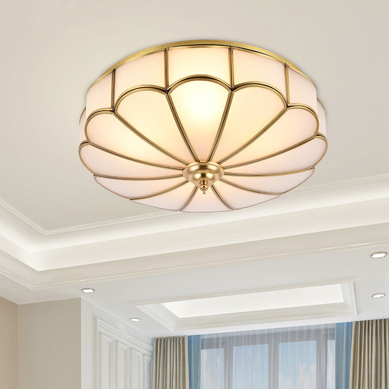Flush Mount Ceiling Fixture Traditional Bedroom Flush Ceiling Light Fixture with Flower Glass Shade in Brass