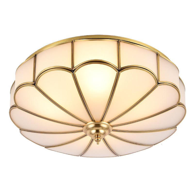 Flush Mount Ceiling Fixture Traditional Bedroom Flush Ceiling Light Fixture with Flower Glass Shade in Brass