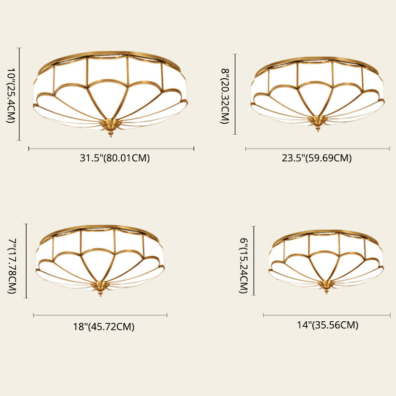 Flush Mount Ceiling Fixture Traditional Bedroom Flush Ceiling Light Fixture with Flower Glass Shade in Brass