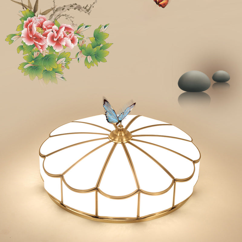 Flush Mount Ceiling Fixture Traditional Bedroom Flush Ceiling Light Fixture with Flower Glass Shade in Brass