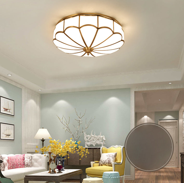 Flush Mount Ceiling Fixture Traditional Bedroom Flush Ceiling Light Fixture with Flower Glass Shade in Brass