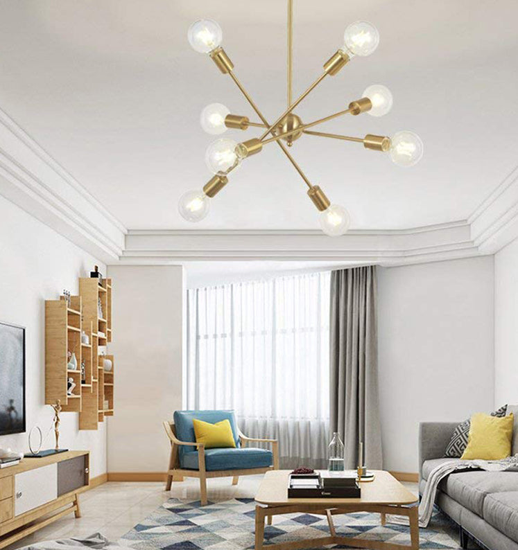 8-Lights Open-Bulb Design Kroonluchter Noordse stijl Gepolijst metaalmoleculair hanglicht voor eetkamer