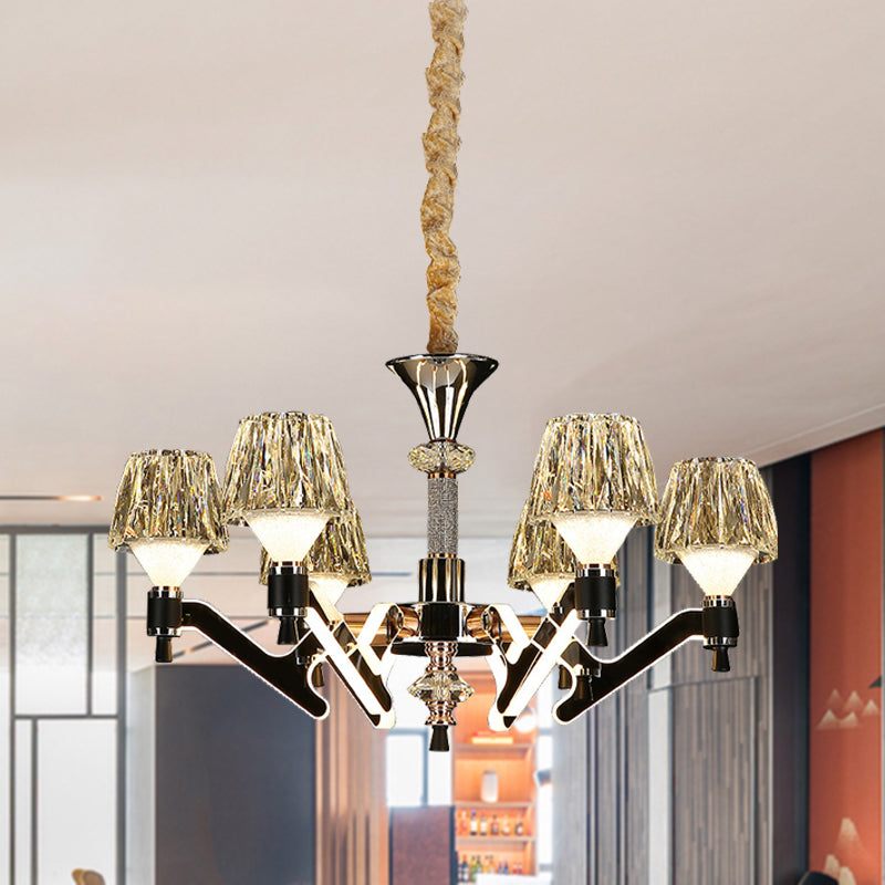 Cone Hanging Chandelier Modern Crystal 6 Lights Chrome Pendant Ceiling Light for Living Room