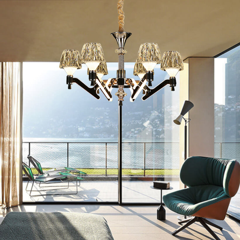 Cone Hanging Chandelier Modern Crystal 6 Lights Chrome Pendant Ceiling Light for Living Room