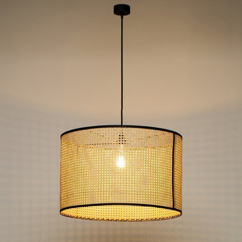 Beige Hand-Worked Pendant Chinese Style 1 Bulb Bamboo Cylindrical Hanging Light for Dining Table