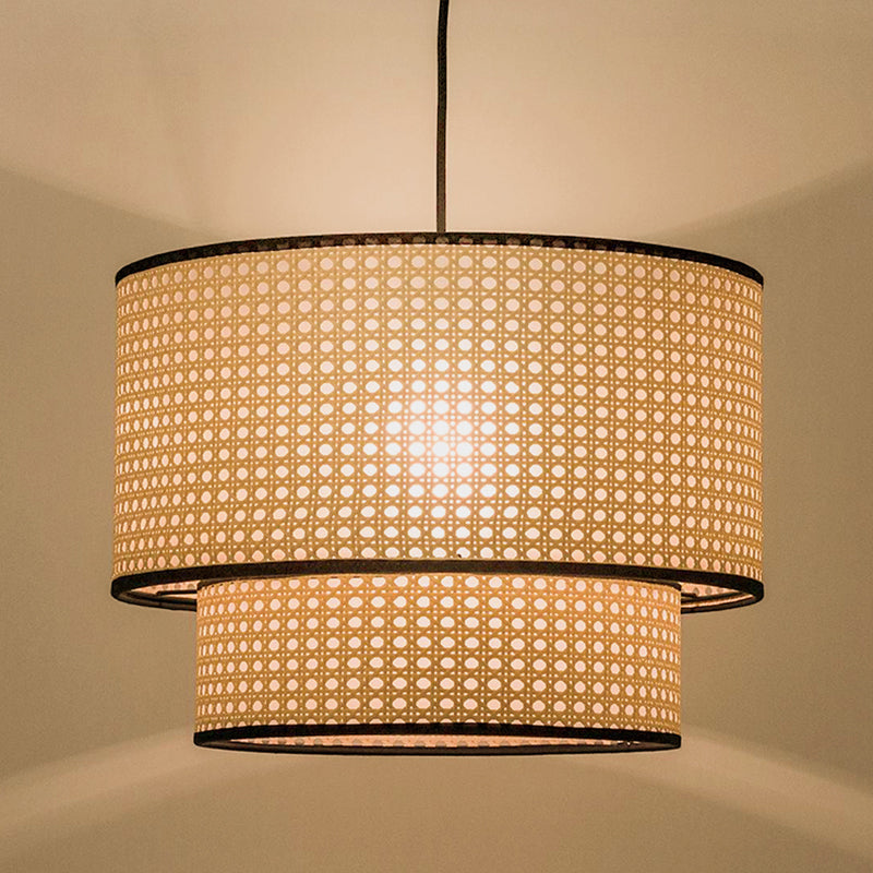 Beige Hand-Worked Pendant Chinese Style 1 Bulb Bamboo Cylindrical Hanging Light for Dining Table