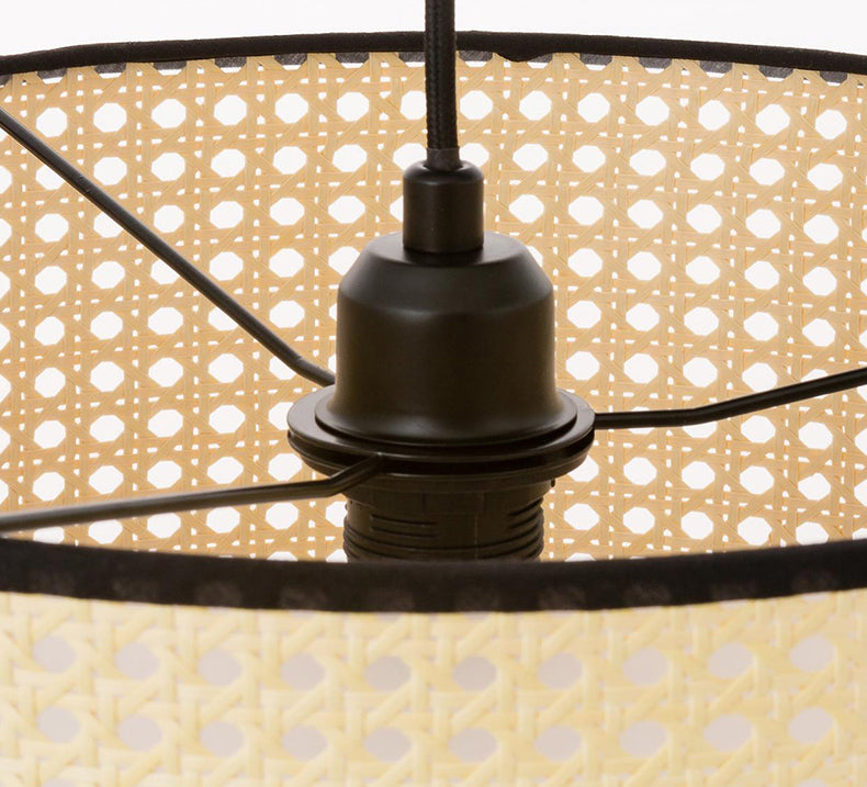 Beige Hand-Worked Pendant Chinese Style 1 Bulb Bamboo Cylindrical Hanging Light for Dining Table