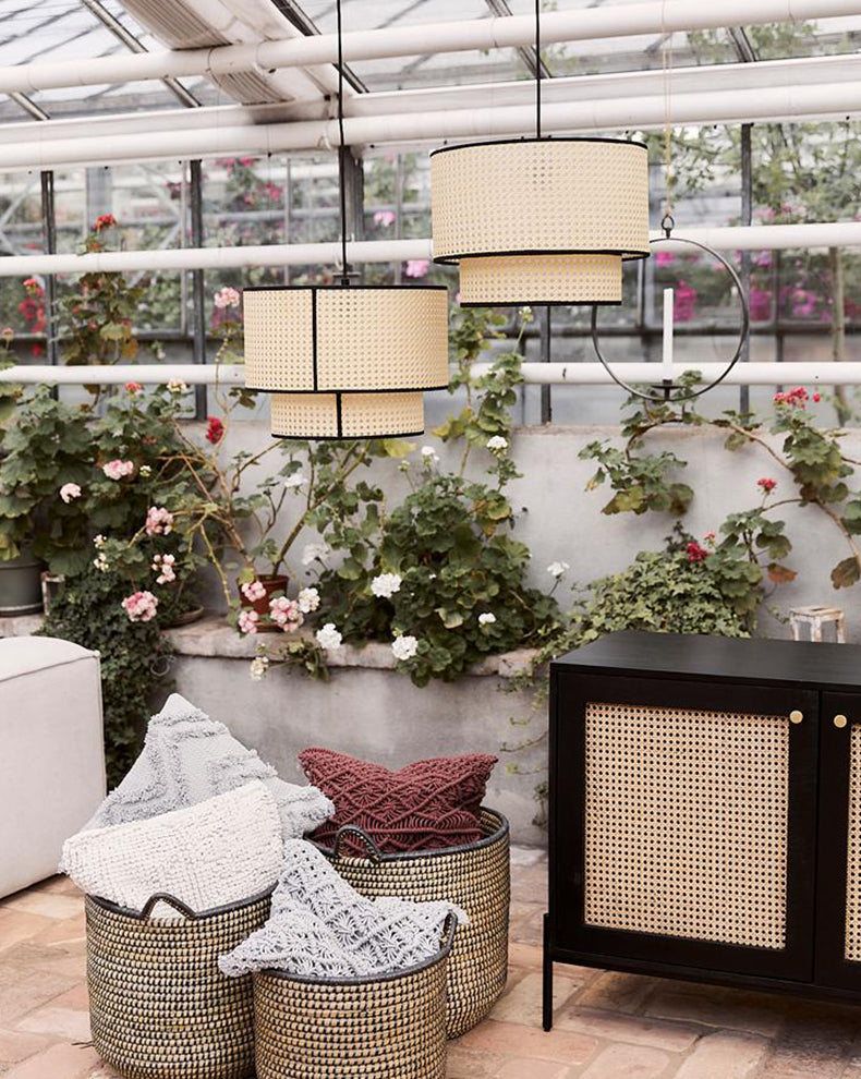 Beige Hand-Worked Pendant Chinese Style 1 Bulb Bamboo Cylindrical Hanging Light for Dining Table