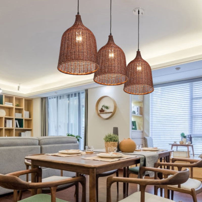 Bauernhaus handgewebtes natürliches Bambus Anhänger Beleuchtung 1-Licht-Glocken-Glocken-Esszimmer Hanging Lampe