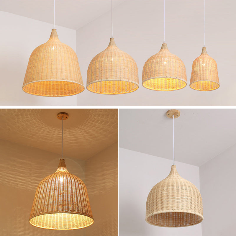 Farmhouse Handwoven Natural Bamboo Pendant Lighting 1-Light  Bell Dining Room Hanging Lamp