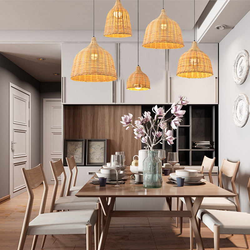 Bauernhaus handgewebtes natürliches Bambus Anhänger Beleuchtung 1-Licht-Glocken-Glocken-Esszimmer Hanging Lampe