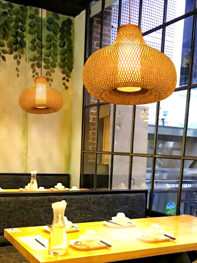 Chinese Pear-Shaped Pendant Lighting Fixtures Rattan Hanging Light with Hanging Cord for Restaurant