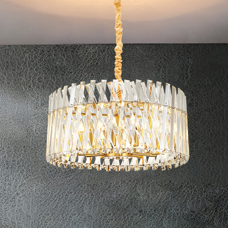 Round Tri-Sided Crystal Rod Hanging Light Fixture Postmodern 8/10 Lights Gold Chandelier Lamp