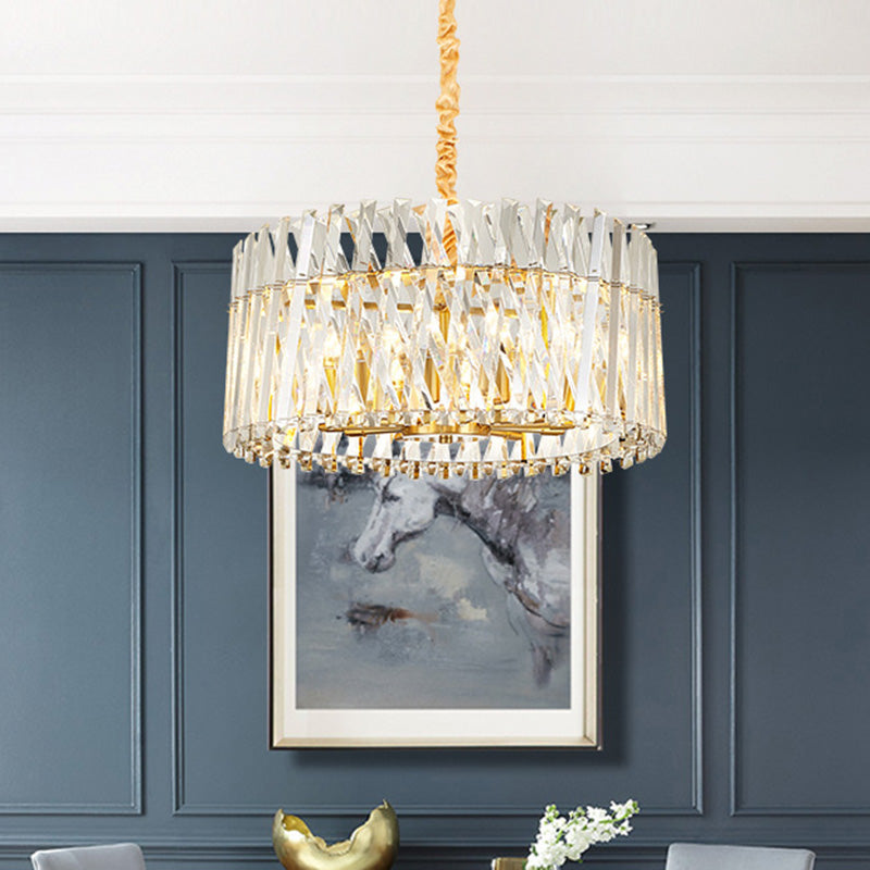 Round Tri-Sided Crystal Rod Hanging Light Fixture Postmodern 8/10 Lights Gold Chandelier Lamp