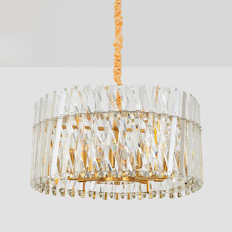 Round Tri-Sided Crystal Rod Hanging Light Fixture Postmodern 8/10 Lights Gold Chandelier Lamp