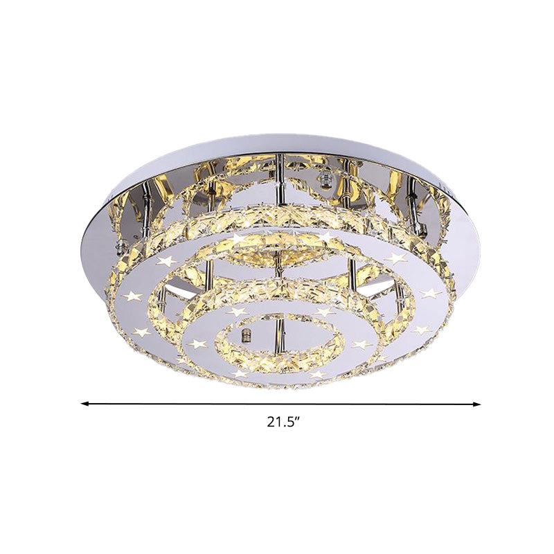 2 Tiers Faceted Crystal Semi Flush Light Fixture Modernism Chrome LED Ceiling Light in Warm/White/3 Color Light, 18"/21.5"/25.5" Wide