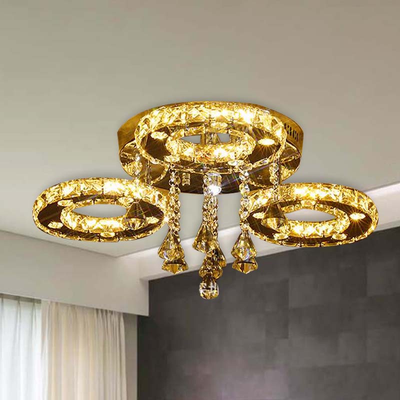 Ring Semi Flush Light Contemporary K9 Crystal Chrome 23.5"/28"/33.5" Wide LED Ceiling Lamp, Warm/White/2 Color Light