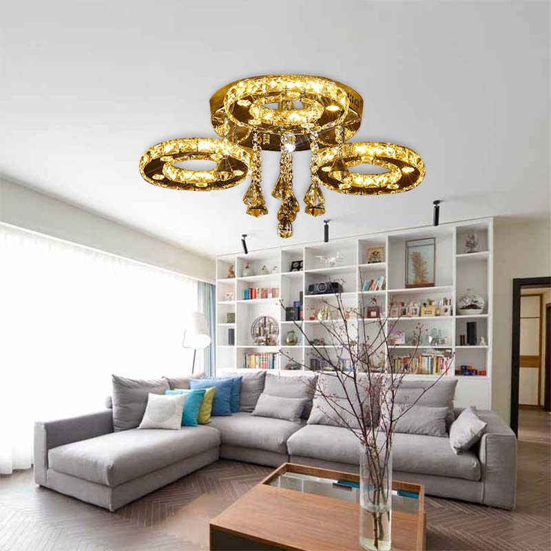 Ring Semi Flush Light Contemporary K9 Crystal Chrome 23.5"/28"/33.5" Wide LED Ceiling Lamp, Warm/White/2 Color Light