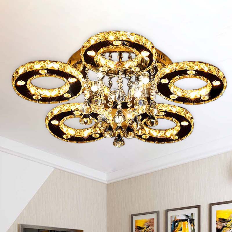 Ring Semi Flush Light Contemporary K9 Crystal Chrome 23.5"/28"/33.5" Wide LED Ceiling Lamp, Warm/White/2 Color Light