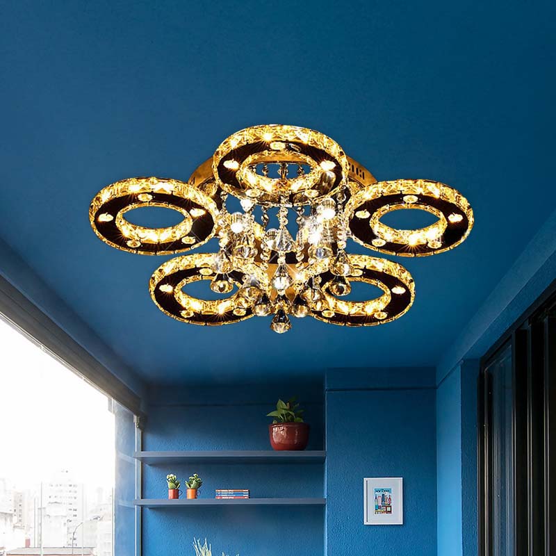 Ring Semi Flush Light Contemporary K9 Crystal Chrome 23.5"/28"/33.5" Wide LED Ceiling Lamp, Warm/White/2 Color Light